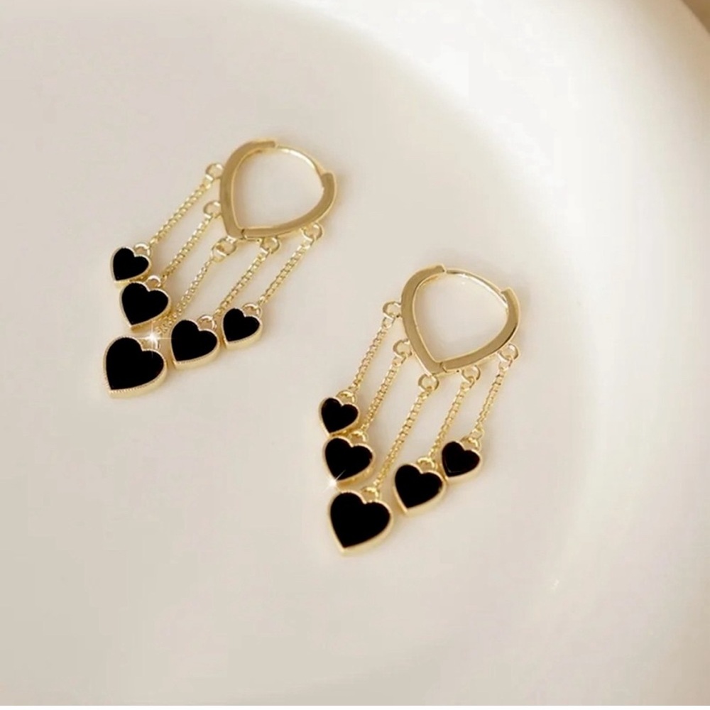 “Cross My Heart” Hoop Gold Black Heart Valentines Date Dangle Gift Cute Earrings